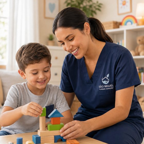 Profissional brincando com um menino em uma mesa com blocos de madeira